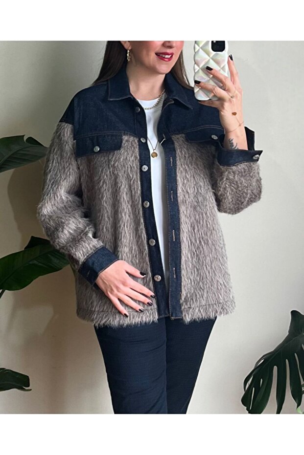 DENİM GARNELİ BUKLET CEKET VİZON - 4