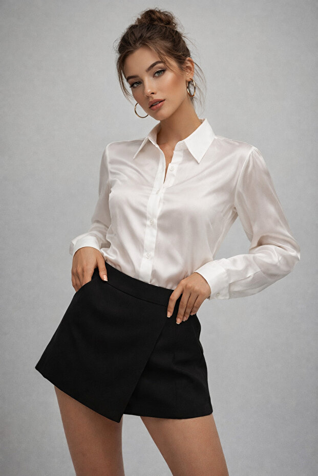Women's White Slim Long Sleeve Satin Shirt