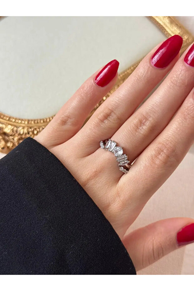 Lyra Baguette Zircon Stone Silver Color Adjustable Stainless Steel Ring