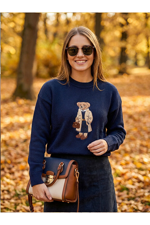 bear nakışlı basic kadın kazak - 1