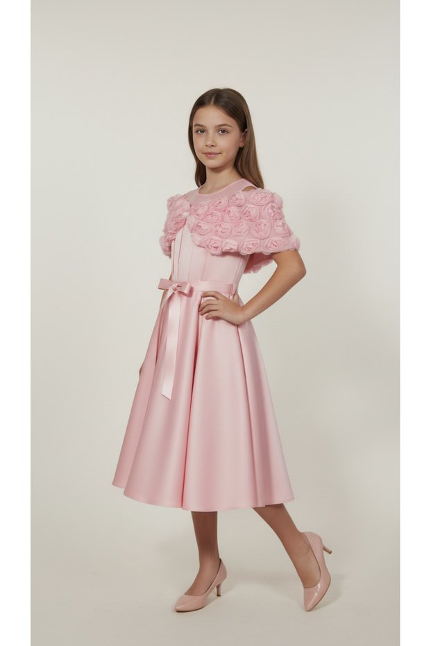 Girls' Floral Detail Formal Dress – Elegant Design for Special Occasions, Weddings and Invitations kurdel gul panslı