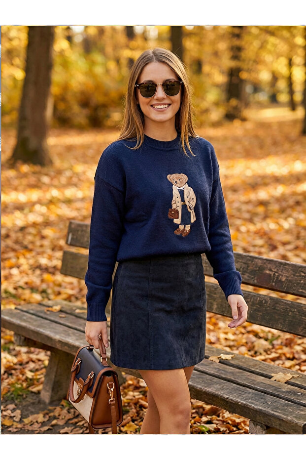 bear nakışlı basic kadın kazak - 3