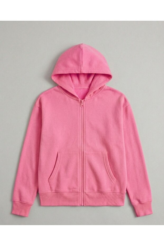Unisex Kids Pink Zippered Hooded Sweatshirt - the Most Comfortable Basic Cardigan for School and Daily Use