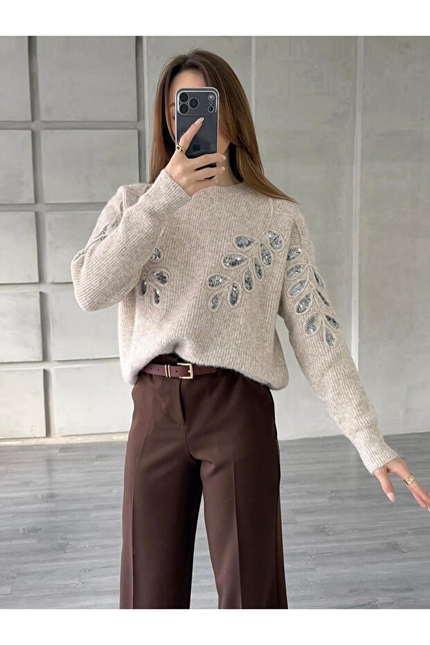 Pullu İşlemeli Kazak 7720 Bej - 3