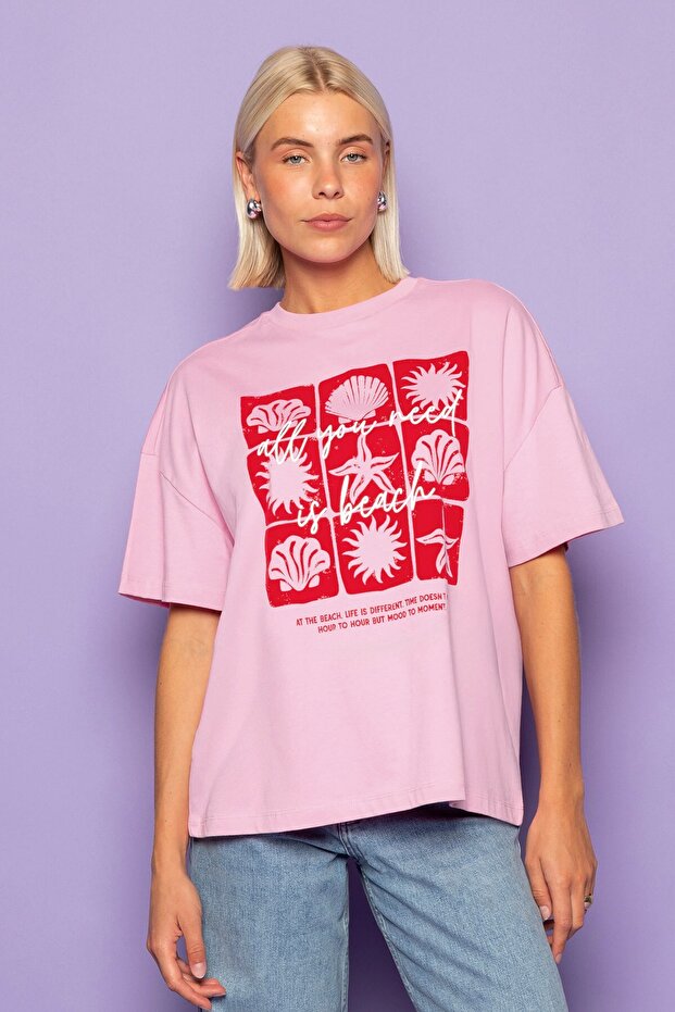 Women's Oversized T-Shirt All You Need Is Beach Printed Pink – 100% Cotton Compact Single Jersey 24/1