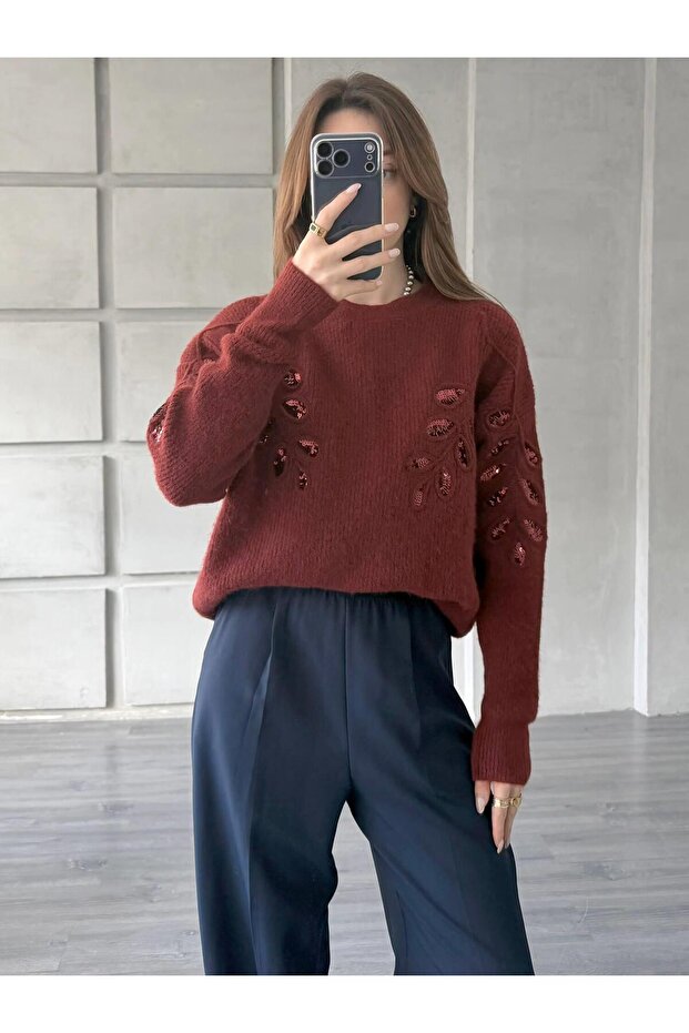 Pullu İşlemeli Kazak 7720 Bordo - 2