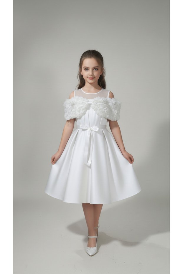 Girls' Floral Detail Formal Dress – Elegant Design for Special Occasions, Weddings and Invitations kurdel gul panslı