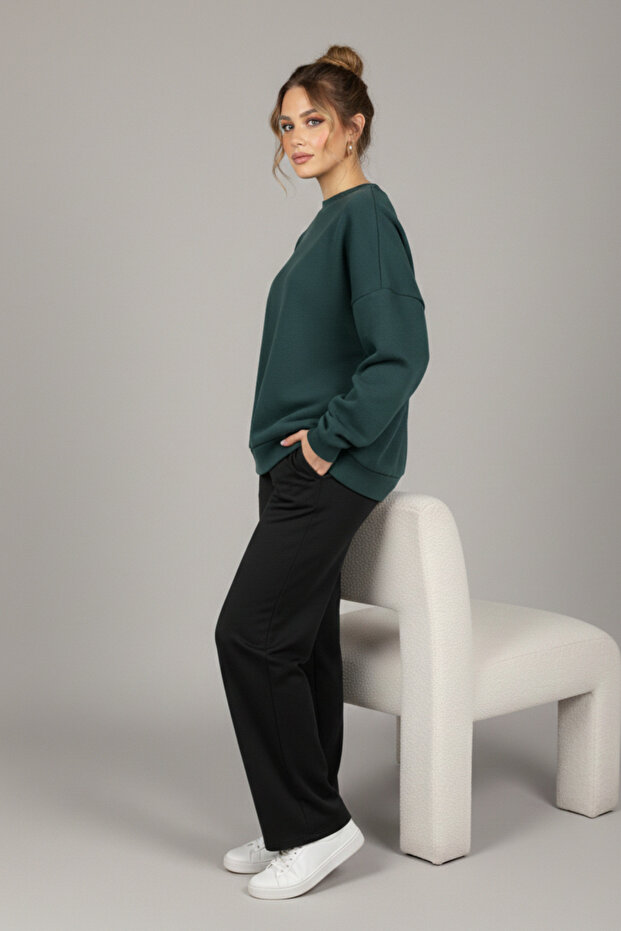 Kadın Geniş Kalıp Bisiklet Yaka Basic Düz Sweatshirt - 3