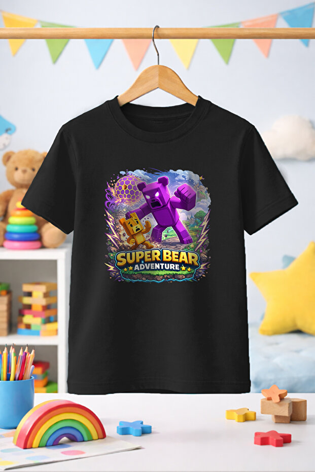 Super Bear Super Bear Adventure Purple Super Bear Game Character Pattern Printed Kids Tshirt