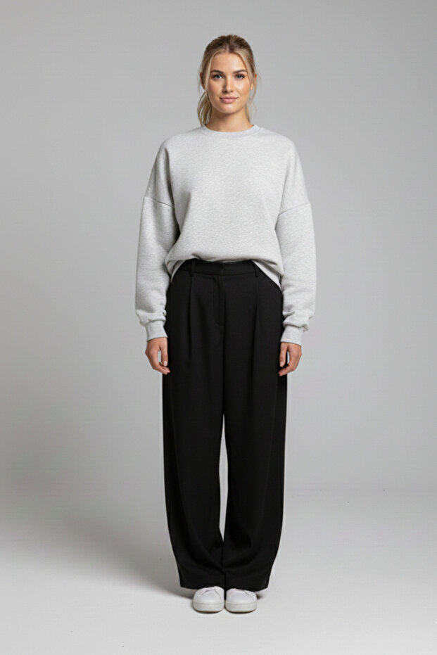 Kadın Geniş Kalıp Bisiklet Yaka Basic Düz Sweatshirt - 5