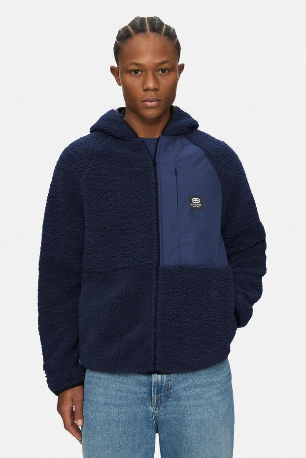 Dante Navy Blue Hooded Zippered Sherpa Loose Fit Men's Fleece Coat