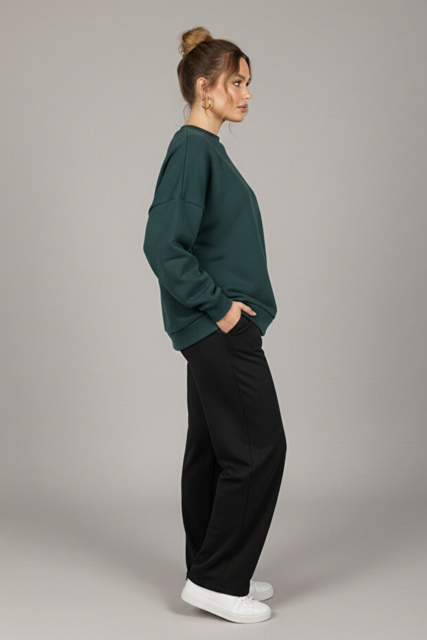 Kadın Geniş Kalıp Bisiklet Yaka Basic Düz Sweatshirt - 4