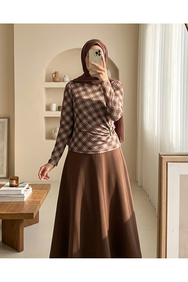 Plaid Patterned Blouse with Side Buckle - Brown - 1