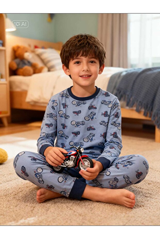 Children's Pajama Set Long Sleeve Motorcycle Printed Navy Blue Dark Blue Boys