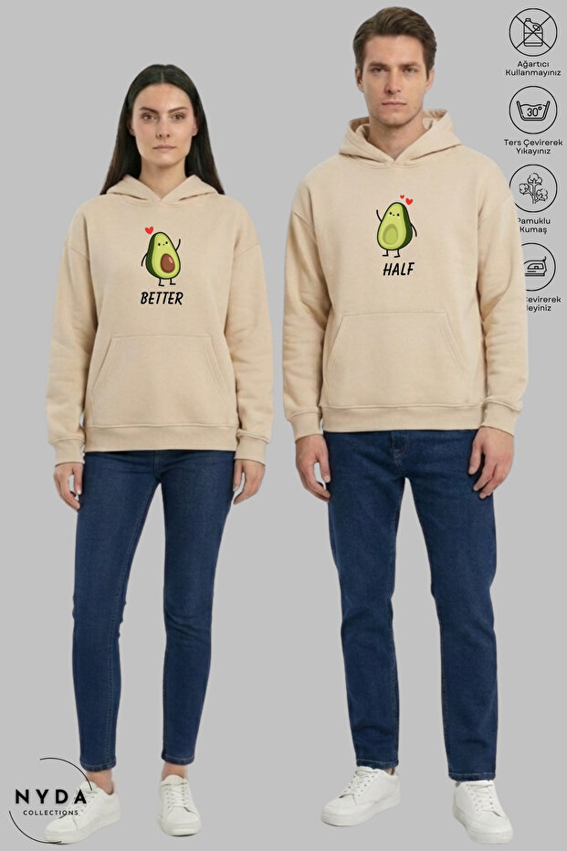 Dear Couple Combination Avocado Printed Hoodie Hooded Fleece-Lined Oversized Cotton Sweatshirt 2-Piece Set