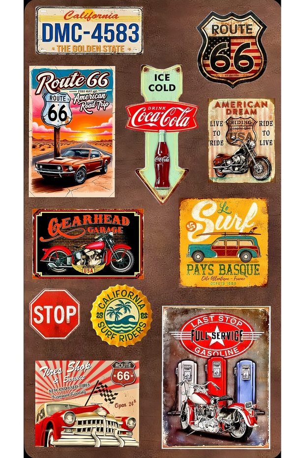 Route 66 & Vintage American Sticker Set – 22X30 cm | Retro Garage, Classic Car