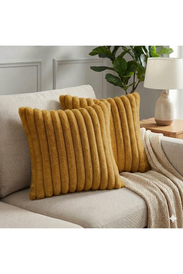 2-Pack Corded Fabric Plush Cushion Covers 45*45 Yellow Color Soft Velvet Pillow Double-Sided