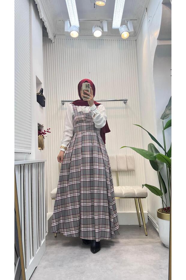Women's Plaid Patterned Jile Dress with Straps Seasonal Long Jile