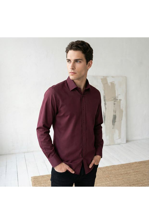 Slim Fit Long Sleeve Cotton Hidden Button Collar Oxford Shirt