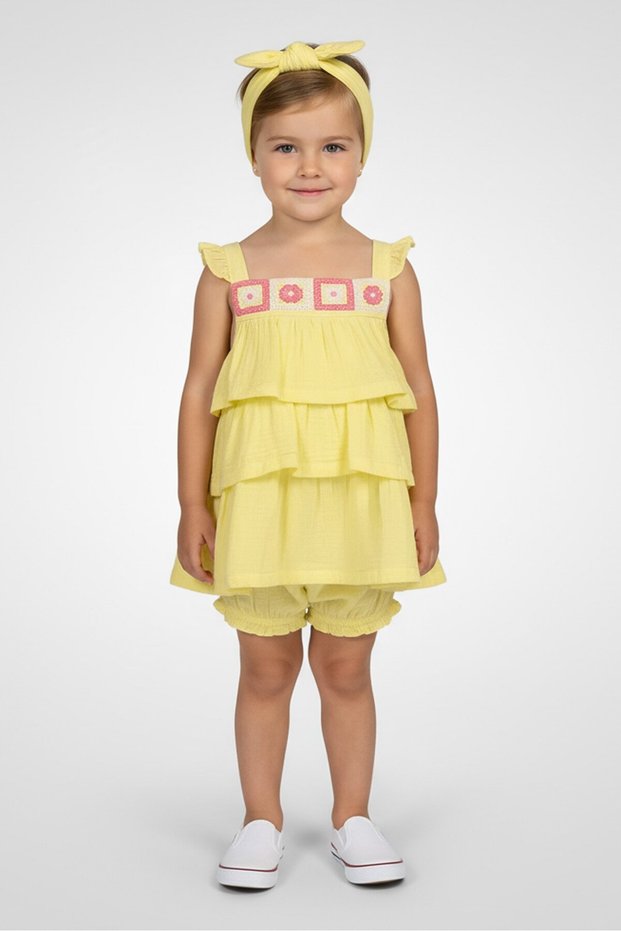 Toddlers Girl 3 Piece Embroidered Dress And Bottom With Headband Set, Multicolor