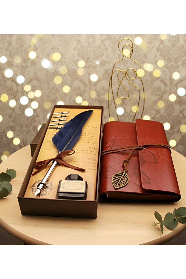 Special Design Feathered Ink Sealed Dip Inkwell Set Nostalgic Leaf Pattern Leather Notebook Luxury Gift