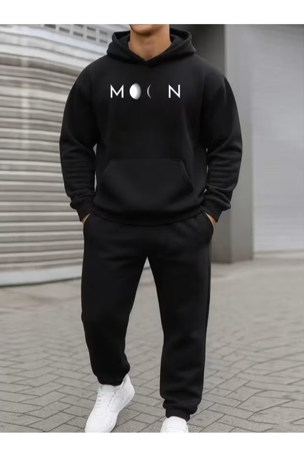 Hooded Tracksuit Set with Geometric'Moon' Print Design