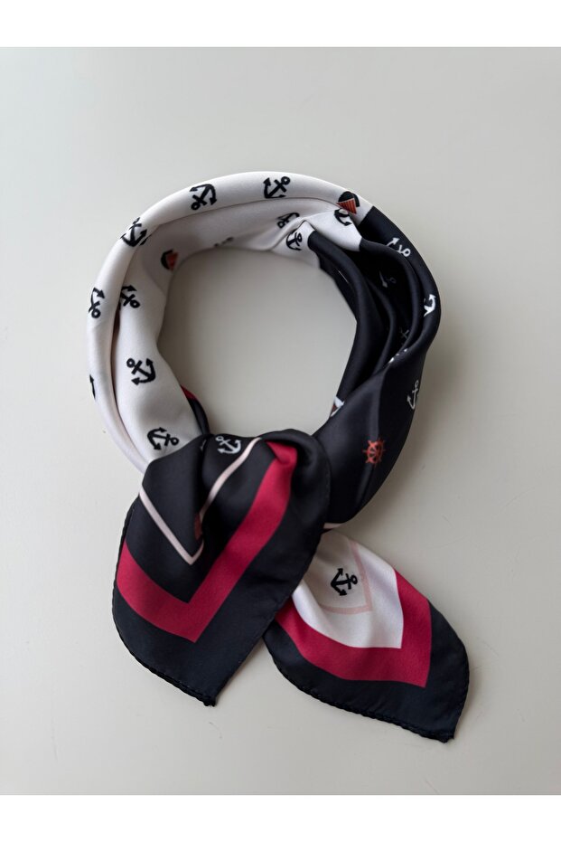 Black and white sailor anchor patterned modal women's scarf bandana 50x50 cm mini size hair neck bag