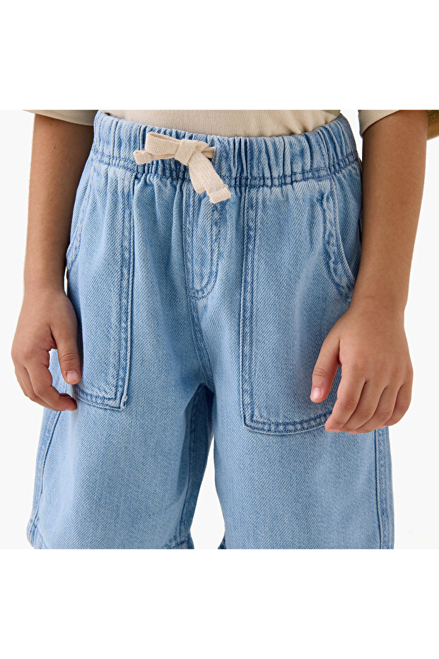 Solid Denim Shorts with Drawstring Closure and Pockets - 4