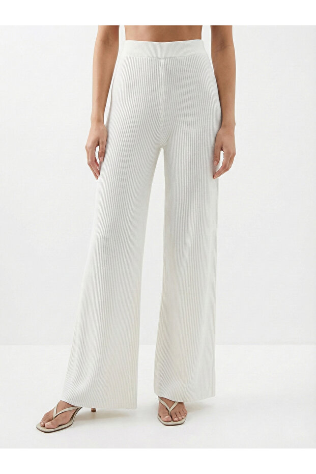 Women's Ecru Soft Textured Elastic Waist High Waist Trousers Nj13
