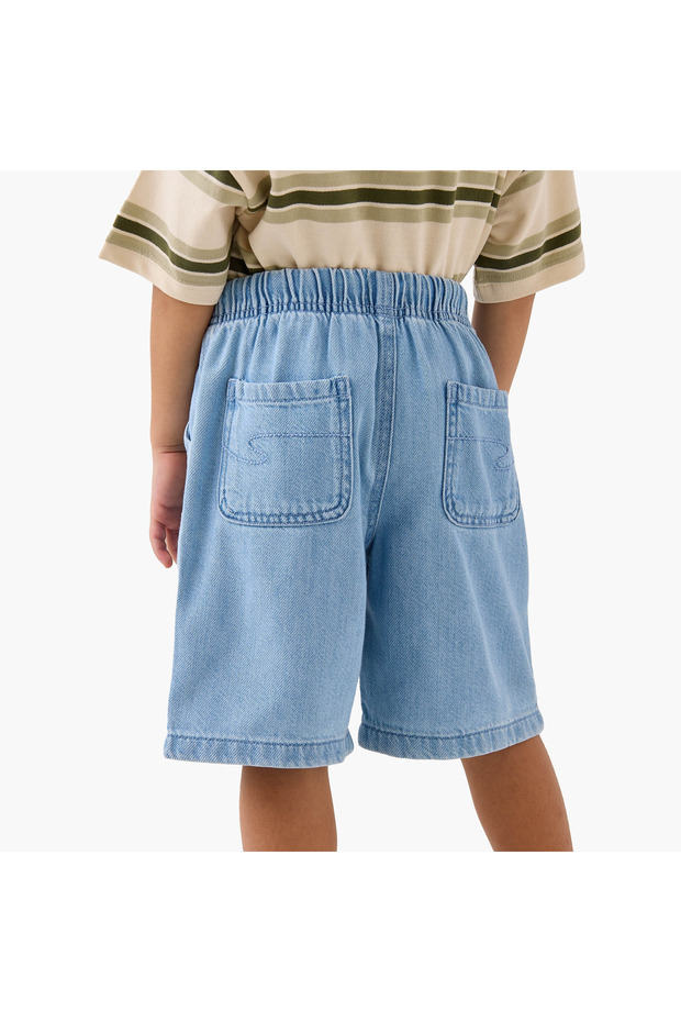 Solid Denim Shorts with Drawstring Closure and Pockets - 3