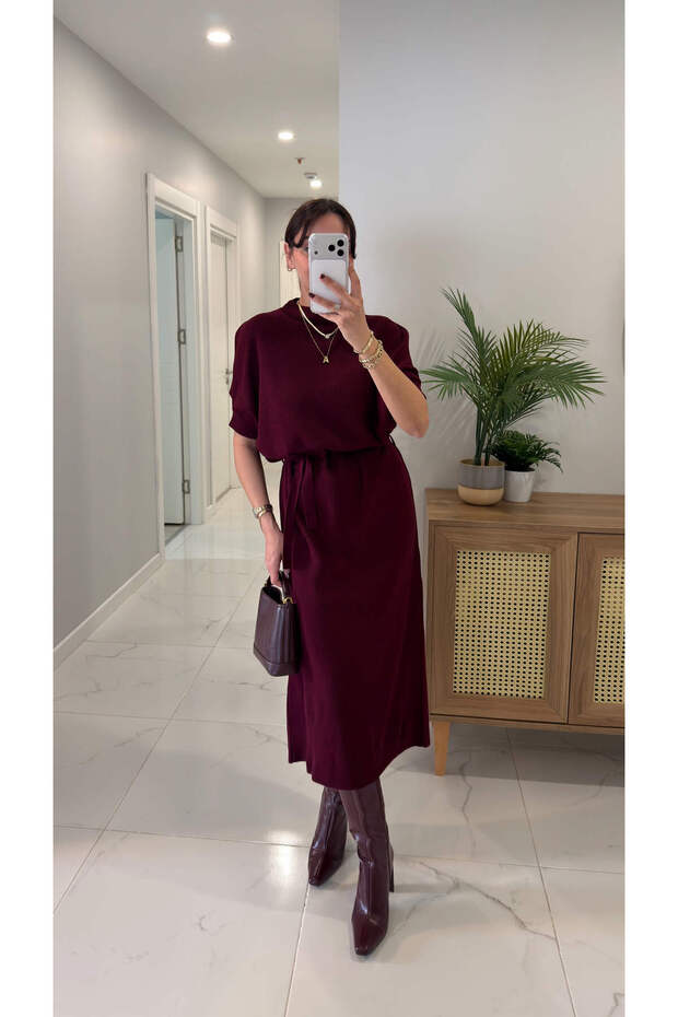 Molda Bordo Kemerli Triko Elbise - 1