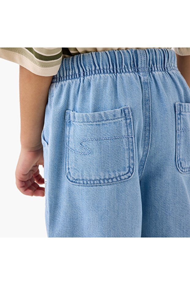 Solid Denim Shorts with Drawstring Closure and Pockets - 5