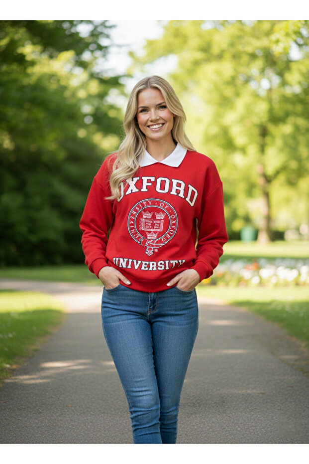 Women's Red Printed Shirt Collar Sweatshirt Nj34