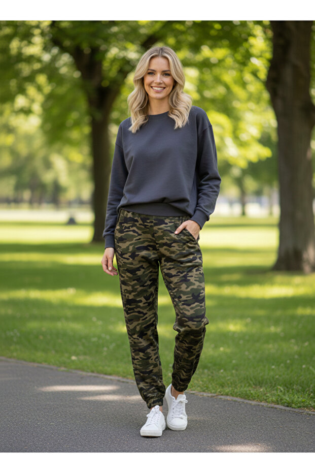 Women's Khaki Printed High Waist Jogger Sweatpants Nj17