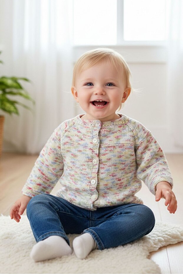 - Kadir 7704 1722 Hand Knitted Marbled Baby Girl Cardigan / 1 - 2 Years Old