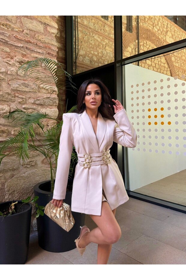 Women's Belt Detail Beige Jacket for Daily Use
