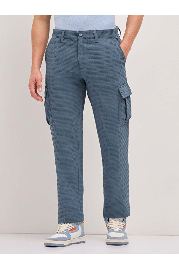 CAR-GANEF Blue Textured Waffle Weave Straight Fit Cargo Pants with Flap Pockets
