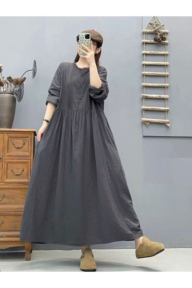 Cotton Long-Sleeved Dress, Artistic Slimming Loose Long Dress for Women