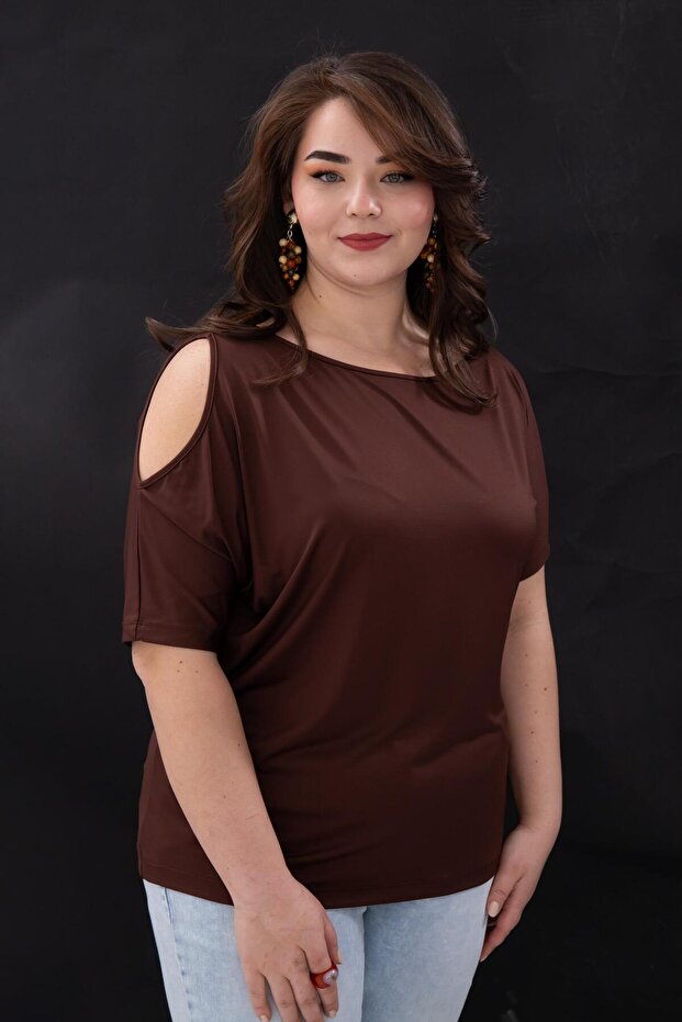 Big Size Women's Shoulder Detail Blouse Brown