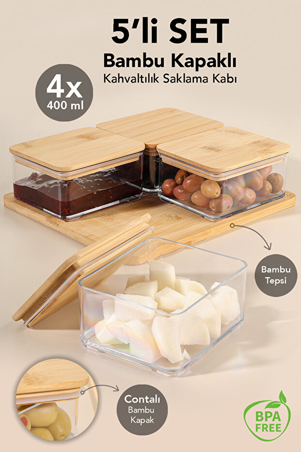 5 Piece Bamboo Lid Breakfast Set - Vacuum Sealed Leakproof Storage Container with Bamboo Tray 400 ml