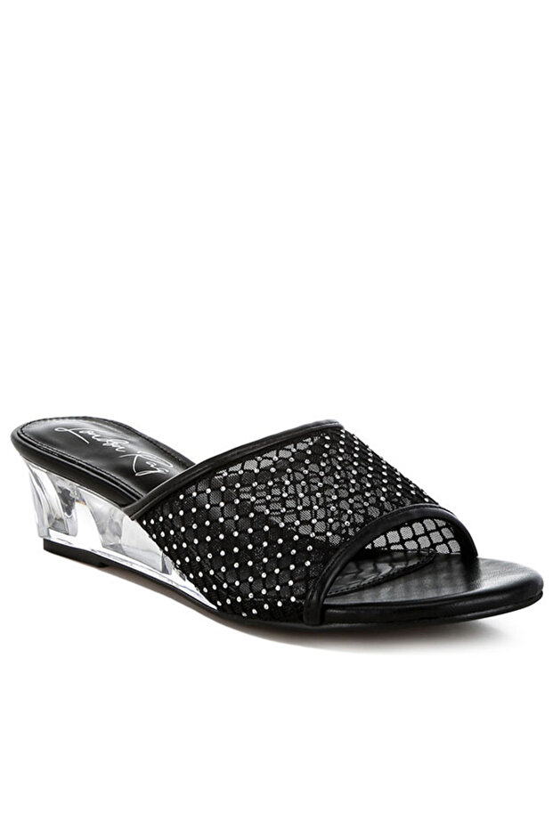 Women Mesh Clear Heel Wedge Sandals in Black