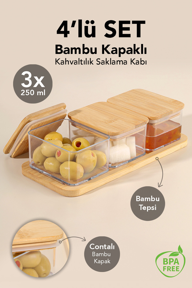 4 Piece Bamboo Lid Breakfast Storage Container - Vacuum Lid with Tray Airtight Breakfast Set 250ml