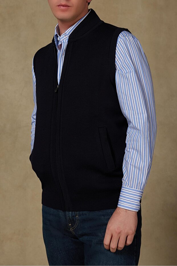 Forte Knitted Fabric Wool Modern Fit Navy Blue Mock Neck Men's Plain Knitwear