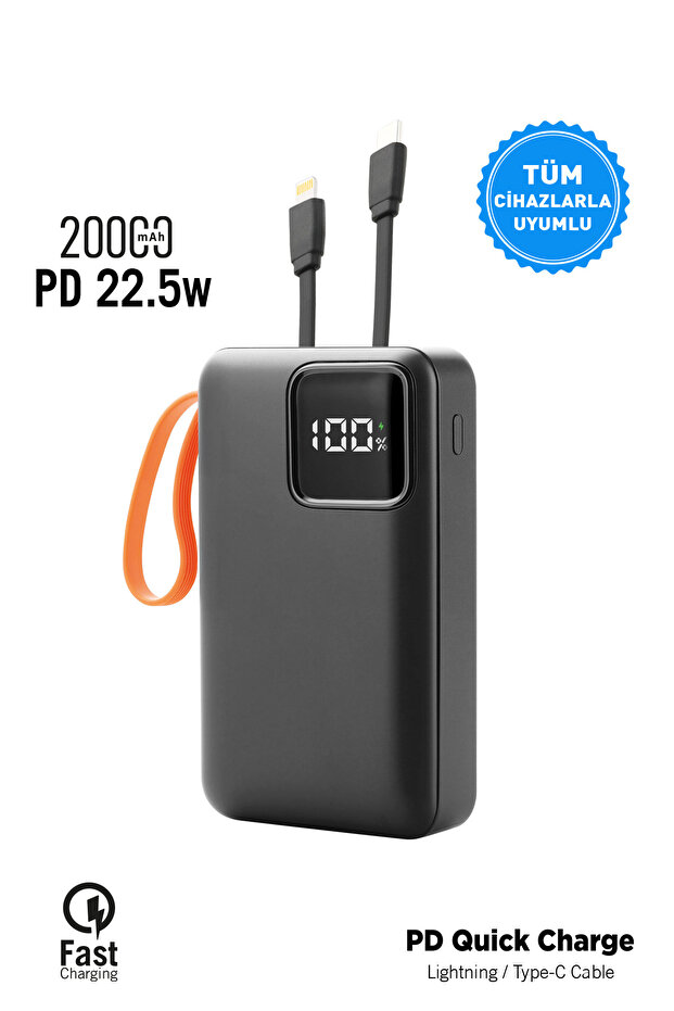 20.000 mAh Mini Kablolu Hızlı Powerbank 22W PD Quick Fast Taşınabilir Şarj Cihazı