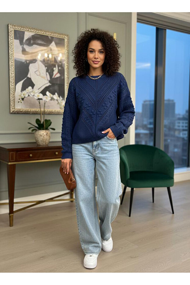 سترة تريكو منسوجة بنمط مميز وياقة دائرية - 1