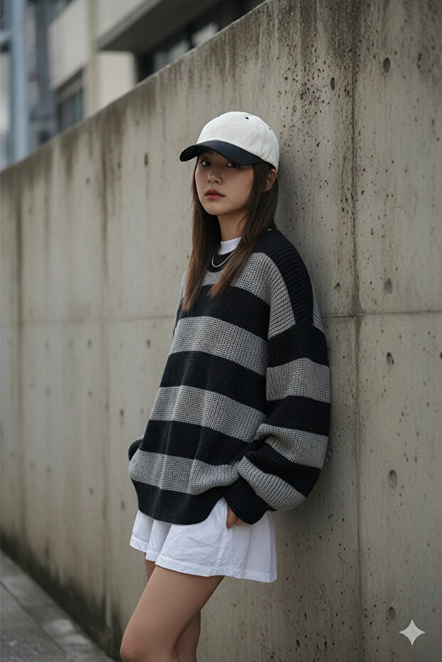 Striped Tricot Knitted O Oversized Crew Neck Sweater