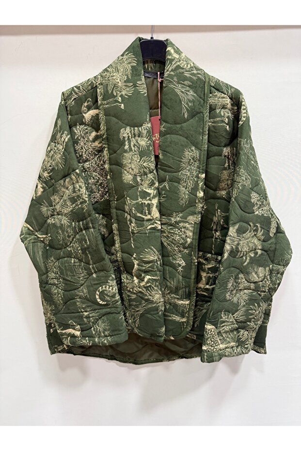 Women's Khaki Italian Low Sleeve Floral Pattern Cotton O Oversized Quilted Kimono & Kaftan
