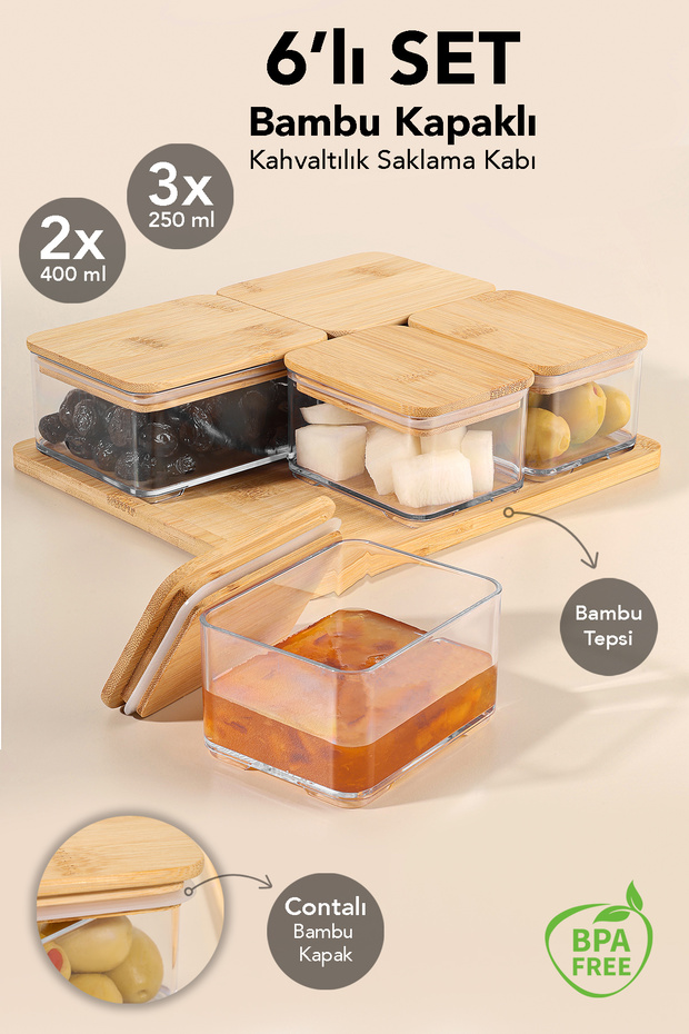 6 Piece Bamboo Lid Breakfast Storage Container - Air-Tight Vacuum Lid Breakfast Set with Bamboo Tray