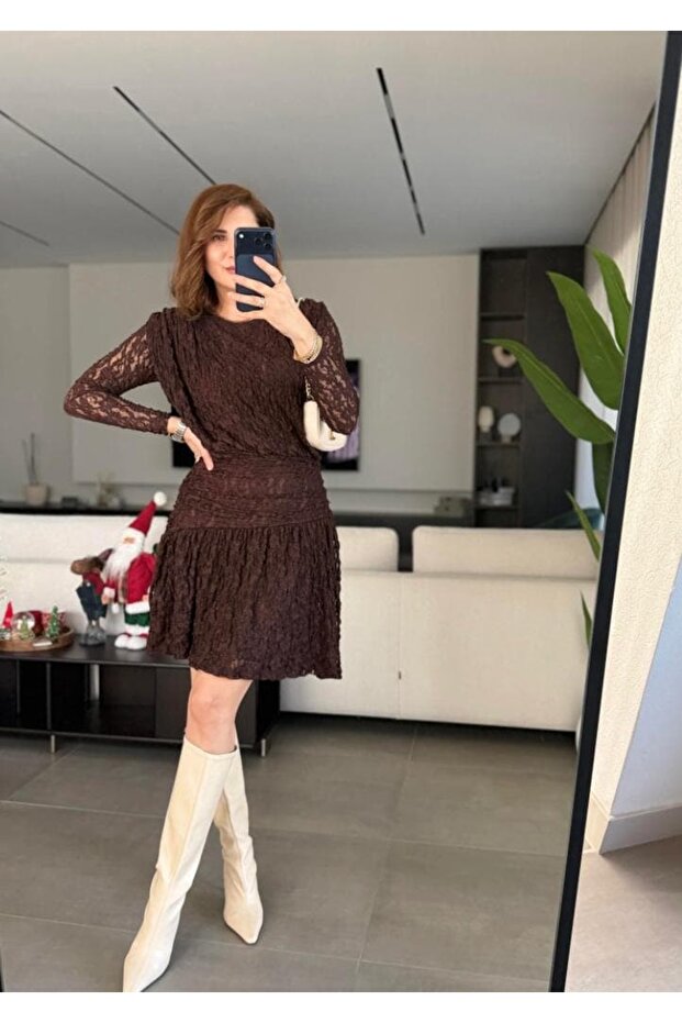 Dantel Drapeli Mini Elbise - 1