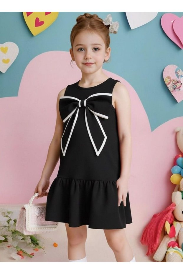 Girls' Ribbon Detailed Ruffled Sleeveless Dress
